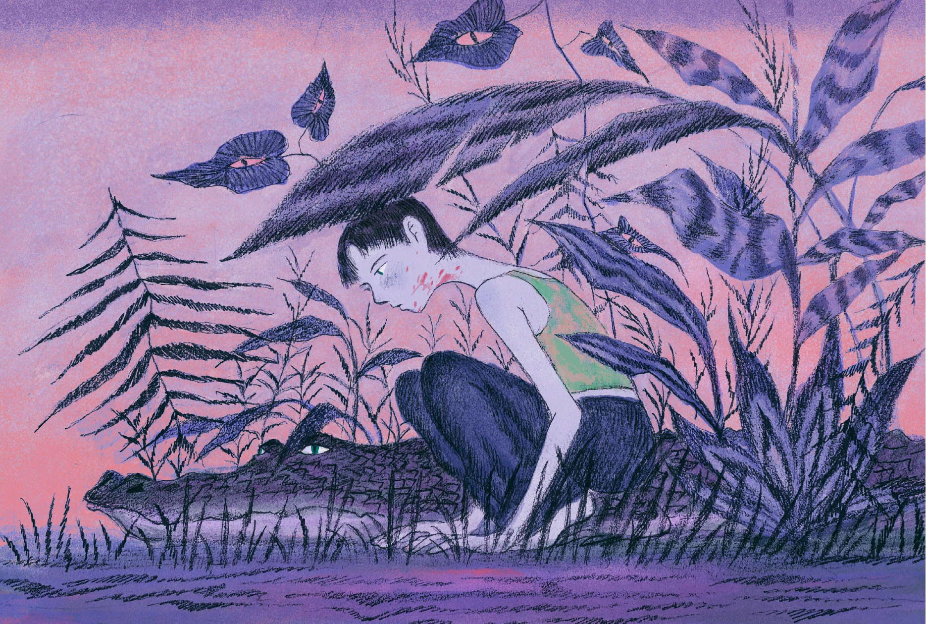 人物与鳄鱼插画场景